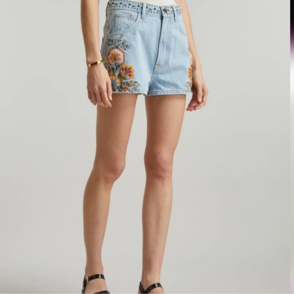 Farm Rio Embroidered Light Blue Denim Shorts Floral Accent - Picture 3 of 12